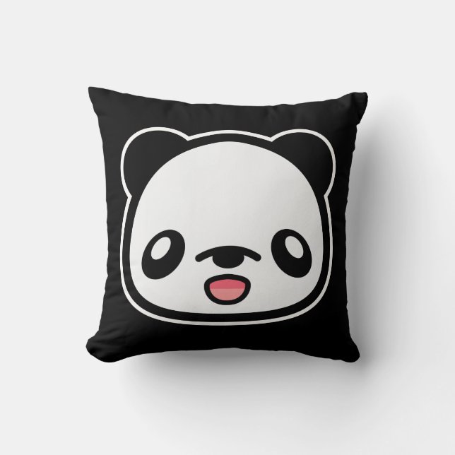 Kawaii Glad Panda På Svart Kudde (Framsida)