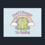 Kawaii Glöm Inte Att Le Frode Goda Vibrationer Vykort<br><div class="desc">En söt liten groda med ett blad på huvudet med en positiv pun-texthögstämpel som lyder "Glöm Inte Att Le!" Och en glad regnbåge och moln! Ett gott vibrations doodle vykort som gör din dag ljusare!</div>