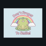 Kawaii Glöm Inte Att Le Frog Goda Vibrationer Vykort<br><div class="desc">En söt liten groda med ett blad på huvudet med en positiv pun-texthuvud som lyder "Glöm Inte Att Le!" Och en glad regnbåge och moln! Ett gott vibrations doodle vykort som gör din dag lite ljusare!</div>