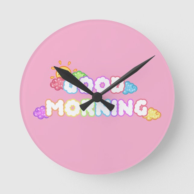 Kawaii God Morgon Sol & Regnbågsmoln Rund Klocka (Framsida)