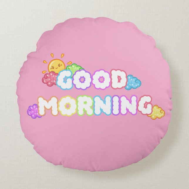 Kawaii God Morgon Sol & Regnbågsmoln Rund Kudde (Framsidan)