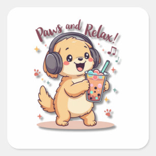 Kawaii Golden Retriever Dancing med hörlurar Fyrkantigt Klistermärke