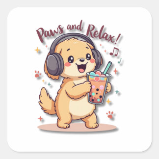 Kawaii Golden Retriever Dancing med hörlurar Fyrkantigt Klistermärke