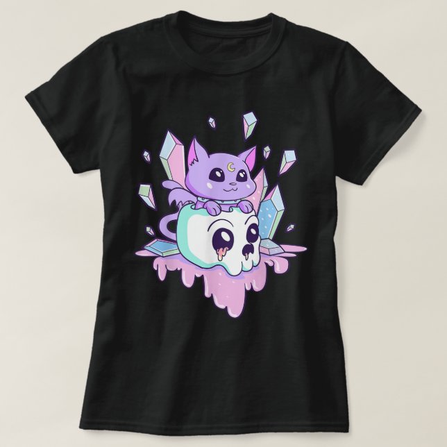 Kawaii Gothic Cat Crystal Skull Art T Shirt (Design framsida)