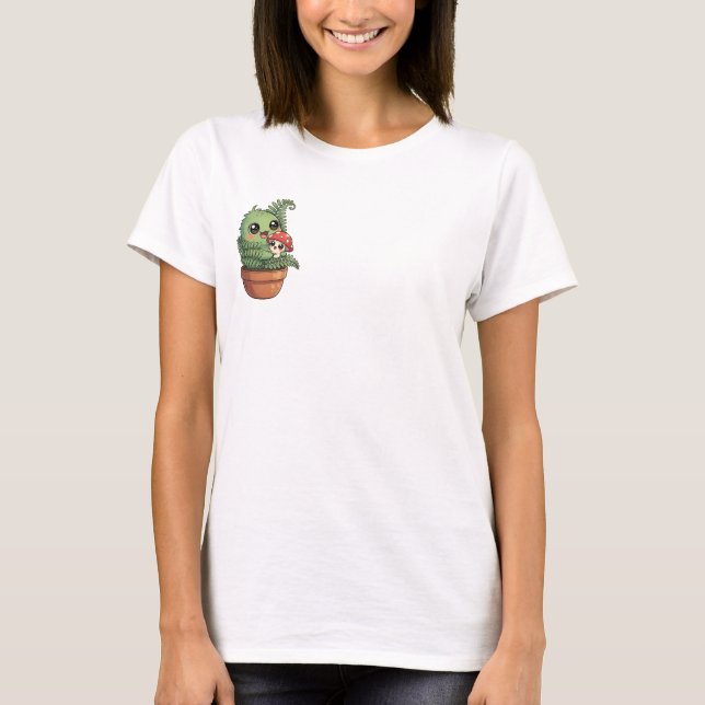 Kawaii Green Moss Creature Hugging Little Mushroom T Shirt (Framsida)