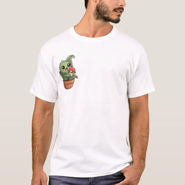 Kawaii Green Moss Creature Hugging Little Mushroom T Shirt (Framsida)