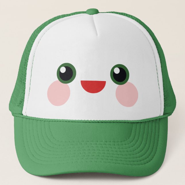Kawaii Gröna Ögon Söt Glad Ansikte Glädje Truckerkeps (Framsida)