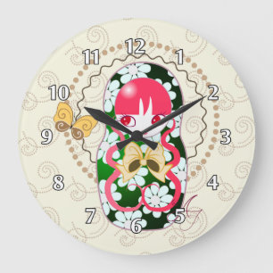 Kawaii guld- pilbåge och blommor Matryoshka Stor Klocka