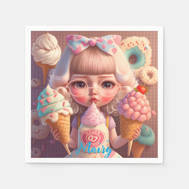 Kawaii gullig flicka med iskrämer pappersservett (Framsidan)