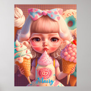 Kawaii gullig flicka med iskrämer poster