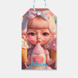 Kawaii gullig flicka med iskrämer presentetikett