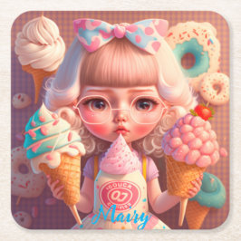 Kawaii gullig flicka med iskrämer underlägg papper kvadrat
