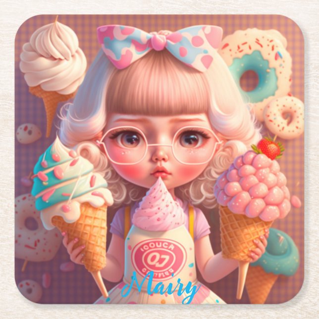 Kawaii gullig flicka med iskrämer underlägg papper kvadrat (Framsidan)