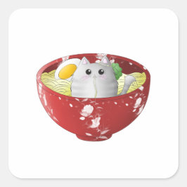 Kawaii gullig japansk animerad katt i nudlar fyrkantigt klistermärke