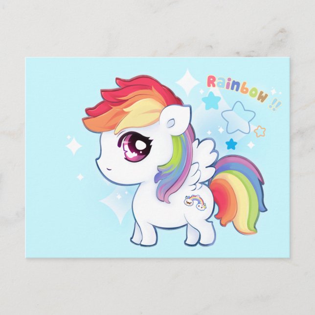 Kawaii gullig regnbågpony med gnistra stjärnor vykort (Framsida)