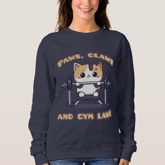 Kawaii Gym Cat Sweatshirt - Cute Workout Kattunge T Shirt (Framsida)