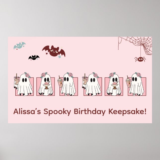 Kawaii Halloween Birthday Poster - Rosa Spöken (Framsidan)