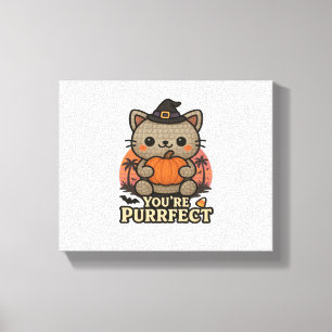 Kawaii Halloween Cat med Pumpkin, Cute Witch Kitt Canvastryck