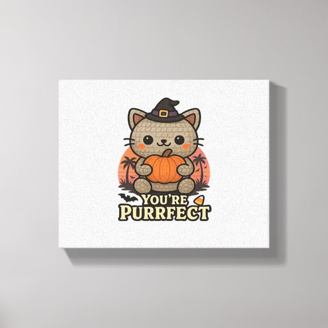 Kawaii Halloween Cat med Pumpkin, Cute Witch Kitt Canvastryck (Framsida)