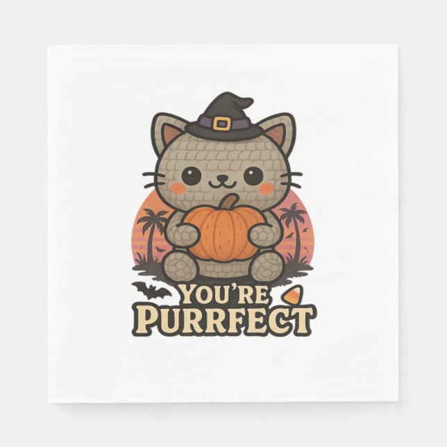 Kawaii Halloween Cat med Pumpkin, Cute Witch Kitt Pappersservett (Framsidan)