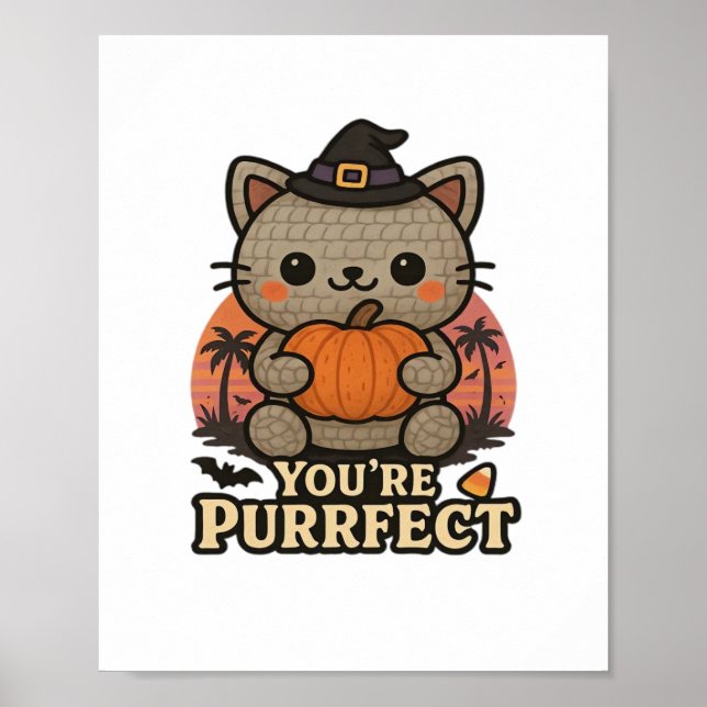 Kawaii Halloween Cat med Pumpkin, Cute Witch Kitt Poster (Framsidan)