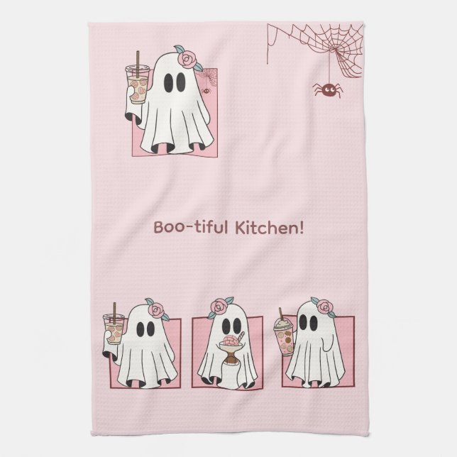 Kawaii Halloween Kitchen Towel - Cute Rosa Spöken Kökshandduk (Vertikal)