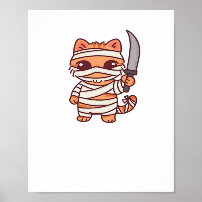 Kawaii Halloween Mummy Cat med Sword Classic T-Sh Poster (Framsidan)