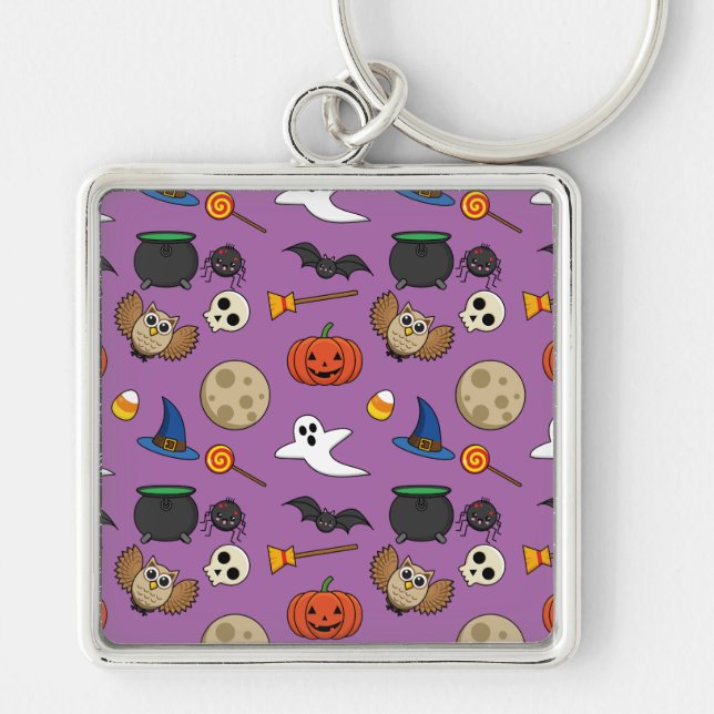 Kawaii Halloween Pack Fyrkantig Silverfärgad Nyckelring (Framsidan)