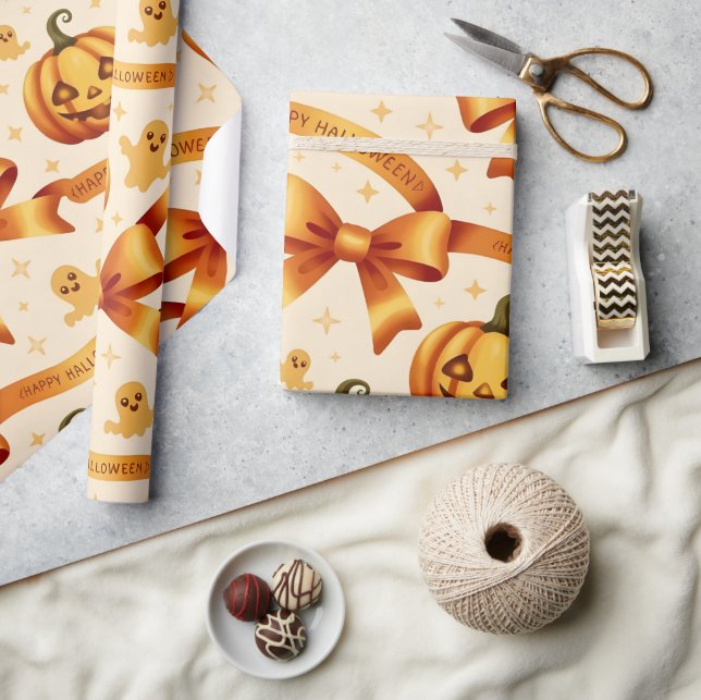 Kawaii Halloween Pumpkin & Bows Gift Wrapping Pape Presentpapper (Hantverk)