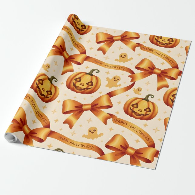 Kawaii Halloween Pumpkin & Bows Gift Wrapping Pape Presentpapper (Utrullad)