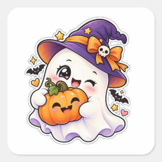 Kawaii Halloween-spöke och pumpa söta skrämmande Fyrkantigt Klistermärke