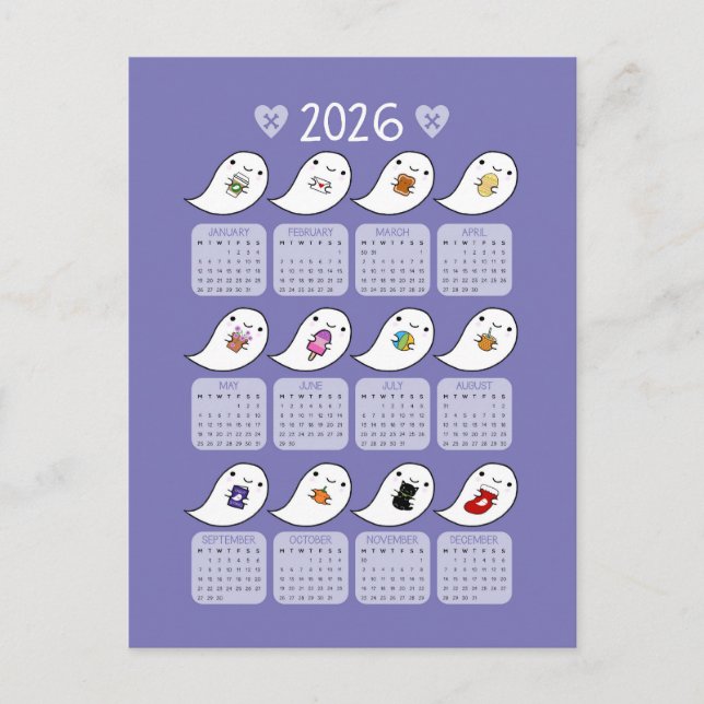 Kawaii Halloween Spöken 2026-kalender Vykort (Framsida)