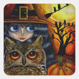 Kawaii Halloween Uggla Witch Doll med Big Öga Fyrkantigt Klistermärke