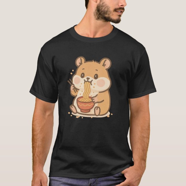Kawaii Hamster Eating Ramen - Knubbiget Cheek Nood T Shirt (Framsida)