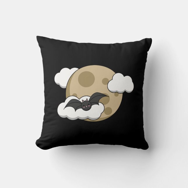 Kawaii Happy Bat Flying on Full Moon Kudde (Framsida)