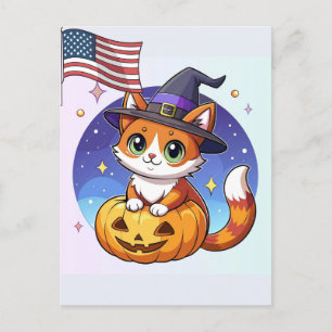 Kawaii Häxa Katt Halloween Pumpa Juli Firande Helg Vykort