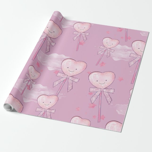 Kawaii Heart Lollipop Mönster - Pastel Lila Presentpapper (Utrullad)