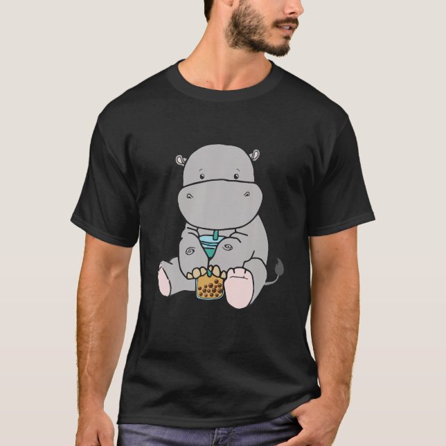 Kawaii Hippopotamus Bubble Tea Mjölk Cute Japanska T Shirt (Framsida)
