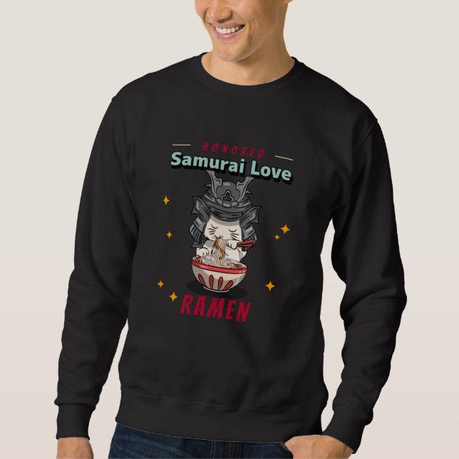 Kawaii Honborn Samurai Cat Eat Ramen Lång Ärmad Tröja (Framsida)