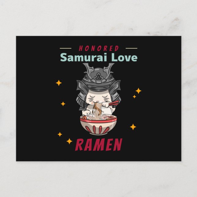 Kawaii Honborn Samurai Cat Eat Ramen Vykort (Framsida)