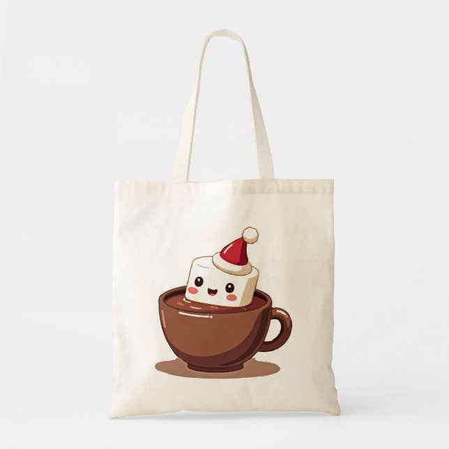 Kawaii Hot Cocoa Mug Smiling Marshmallow Tote Bag Tygkasse (Framsidan)