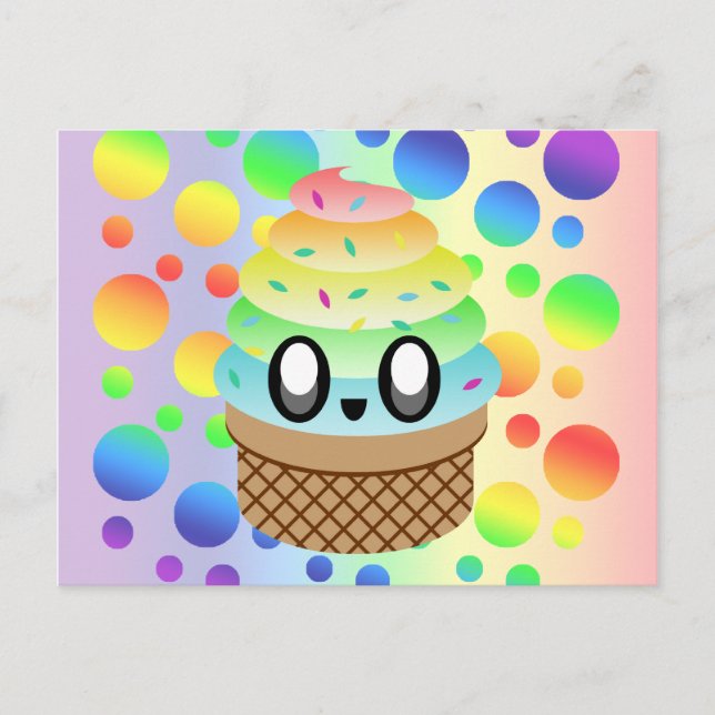 Kawaii Ice Cream Cone Rainbow Dots Vykort (Framsida)