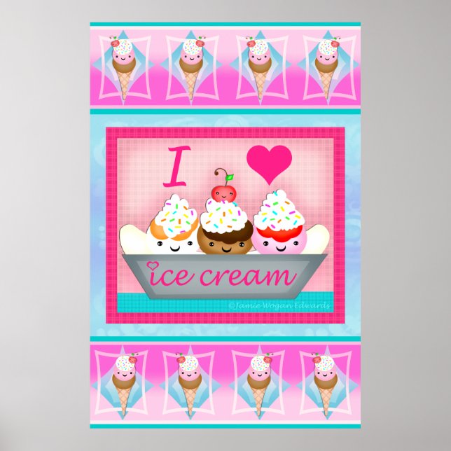 Kawaii Ice Cream Sundae Kärlek Art Poster / Skriv  (Framsidan)
