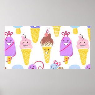 Kawaii Ice Creams Mönster, Kawaii Character Ice Cr Poster