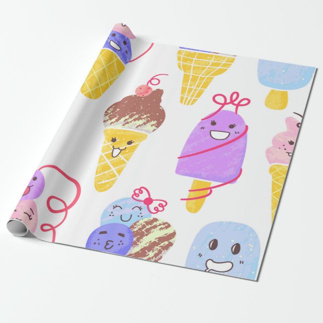 Kawaii Ice Creams Mönster, Kawaii Character Ice Cr Presentpapper (Utrullad)
