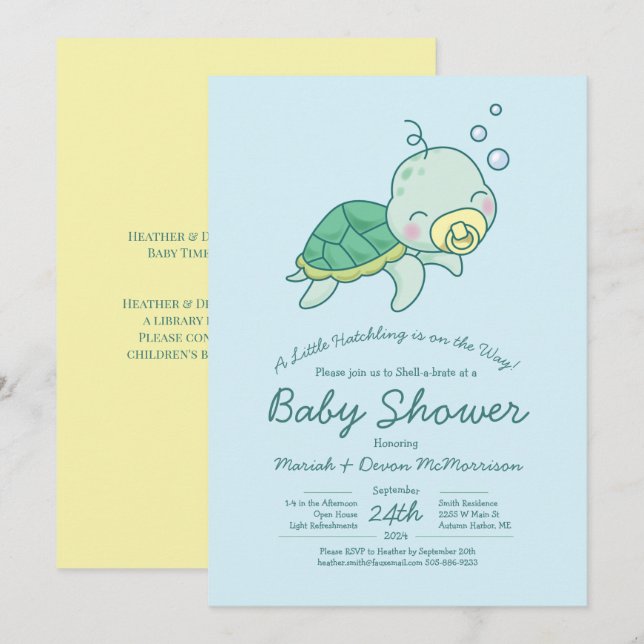 Kawaii-inbjudan till Cute Sea Turtle Baby Shower K Inbjudningar (Fram/baksida)