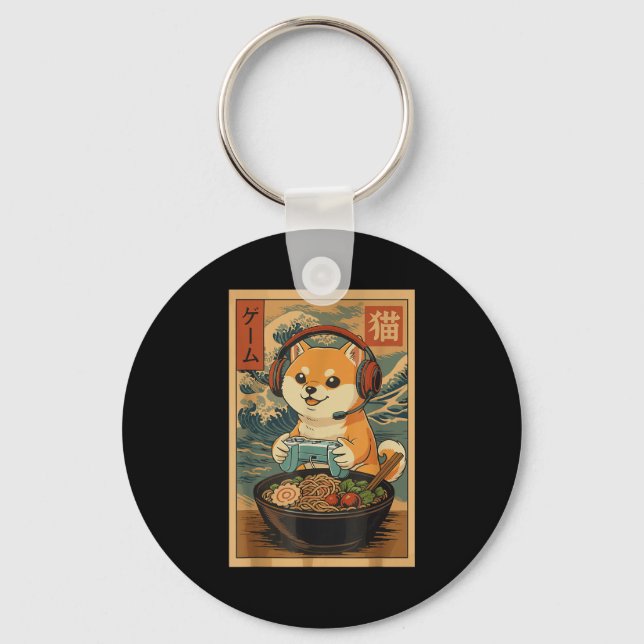 Kawaii Japanese Ramen Dog Retro Gaming Shirts For  Nyckelring (Framsida)