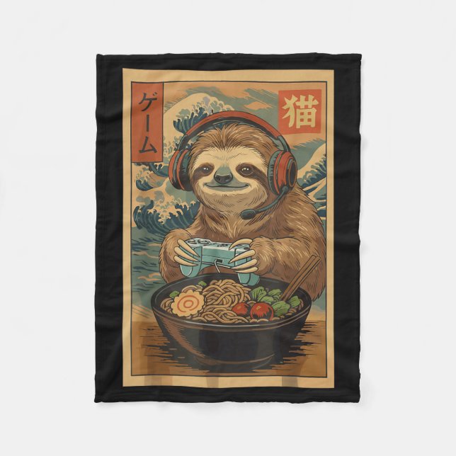 Kawaii Japanese Ramen Sloth Retro Gaming Shirts Fo Fleecefilt (Framsidan)