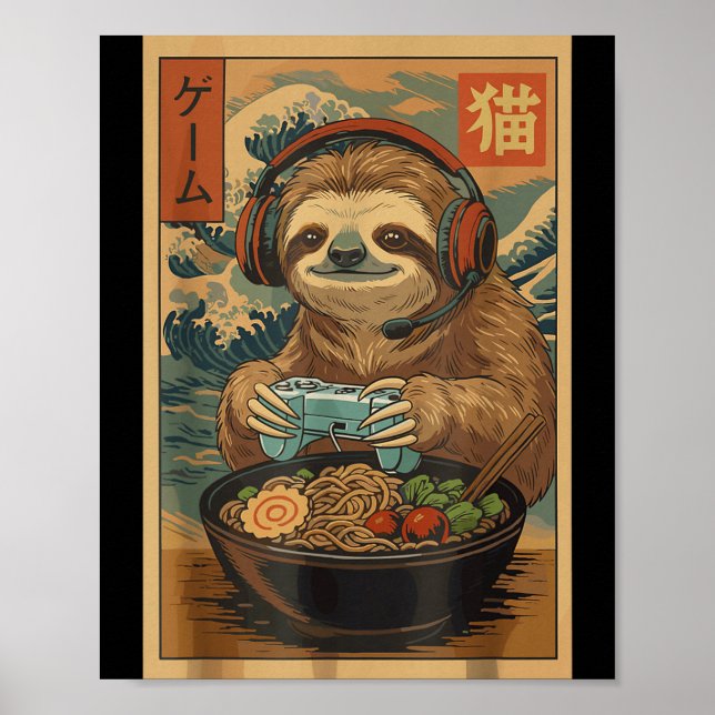 Kawaii Japanese Ramen Sloth Retro Gaming Shirts Fo Poster (Framsidan)