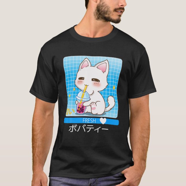 Kawaii Japansk anime Cat Drinking Boba Tea Cute C T Shirt (Framsida)